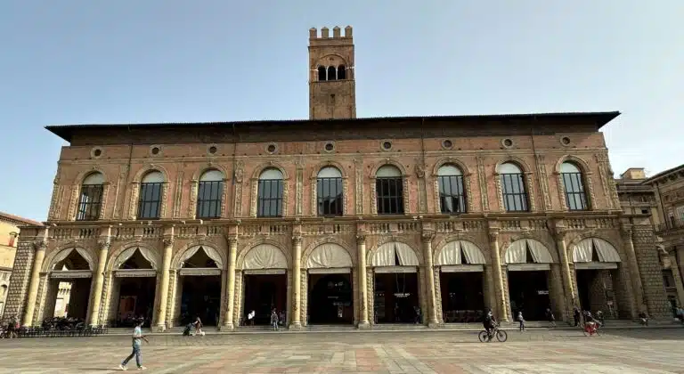 Palazzo del Podestà and the Torre dell'Arengo seen across Piazza Maggiore in Bologna